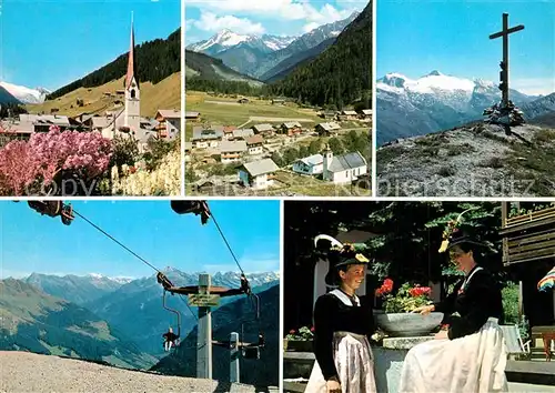 AK / Ansichtskarte Lanersbach Panorama Zillertal Vorderlanersbach Grueblspitze Bergbahn Eggalm Tuxertracht Marketenderinnen Gipfelkreuz Zillertaler Alpen Lanersbach