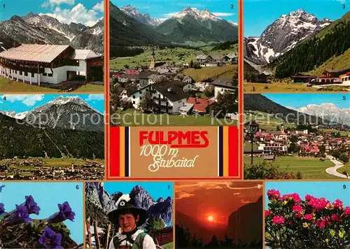 AK / Ansichtskarte Fulpmes_Tirol Landschaftspanorama Stubaital Freizeitzentrum Erholungsgebiet Restaurant Kreuzjoch Medraz Stubaier Alpen Enzian Trachten Abendstimmung Alpenrose Fulpmes Tirol