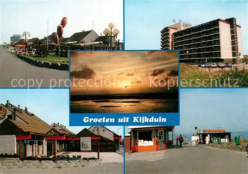 AK / Ansichtskarte Kijkduin Teilansichten Hotel Kiosk Promenade Sonnenuntergang Kijkduin