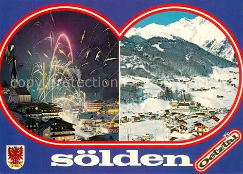AK / Ansichtskarte Soelden_oetztal Winterpanorama oetztaler Alpen Ortsansicht mit Kirche Feuerwerk Soelden oetztal