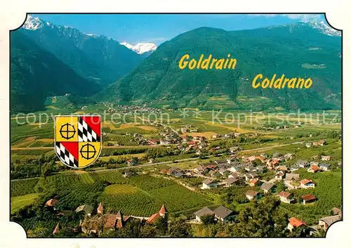 AK / Ansichtskarte Goldrain_Vinschgau Schloss Goldrain im Hintergrund Marteller Berge Fliegeraufnahme Wappen Goldrain Vinschgau