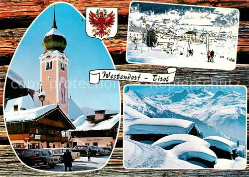 AK / Ansichtskarte Westendorf_Tirol Wintersportplatz Alpen Skilift Berghuetten Motiv mit Kirche Westendorf_Tirol