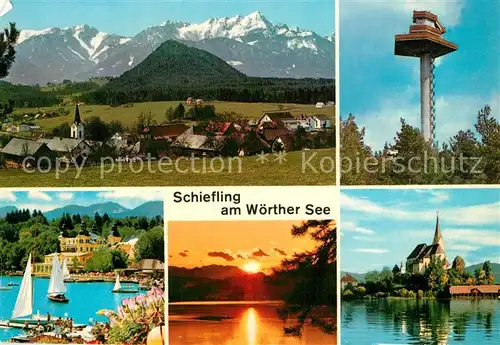 AK / Ansichtskarte Schiefling_See Gesamtansicht mit Alpenpanorama Pyramidenkogel Velden Maria Woerth Sonnenuntergang Schiefling See