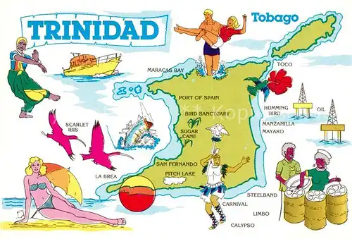 AK / Ansichtskarte Trinidad_and_Tobago Landkarte Insel Karikaturen Kuenstlerkarte 