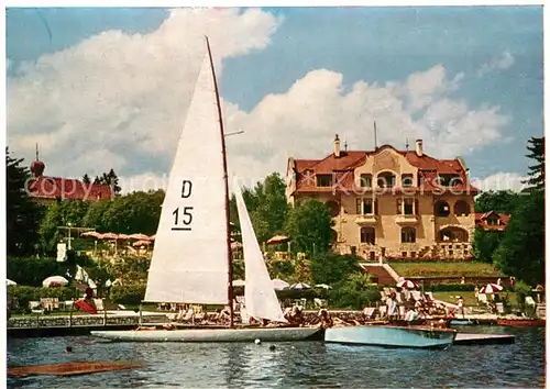 AK / Ansichtskarte Velden_Woerthersee Hotel Hubertushof am See Strandpromenade Badesteg Segelboot Velden Woerthersee