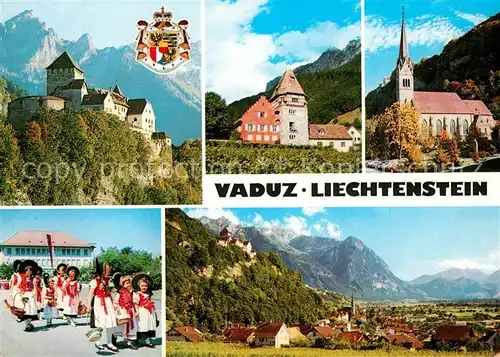 AK / Ansichtskarte Vaduz Schloss Vaduz Rotes Haus Pfarrkirche Landestracht Hauptort Vaduz Vaduz