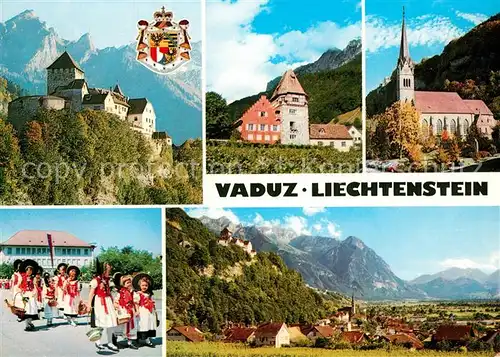 AK / Ansichtskarte Vaduz Schloss Vaduz Rotes Haus Pfarrkirche Landestracht Panorama Vaduz
