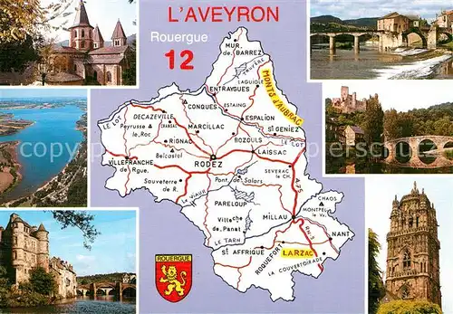 AK / Ansichtskarte L_Aveyron_Region Carte de la region Rodez Conques Basilique Sainte Foy Lacs du Levezou Espalion bords du Lot Millau Moulin Tarn Belcastel 