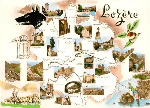 AK / Ansichtskarte Lozere_Region Carte de la region et ses villes Monuments Lozere Region