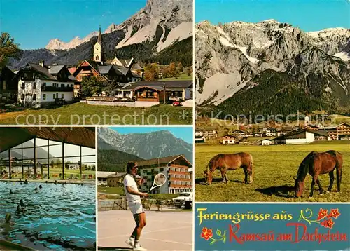 AK / Ansichtskarte Ramsau_Dachstein_Steiermark Ortsansicht mit Kirche Hallenbad Tennis Pferde Alpen Ramsau_Dachstein