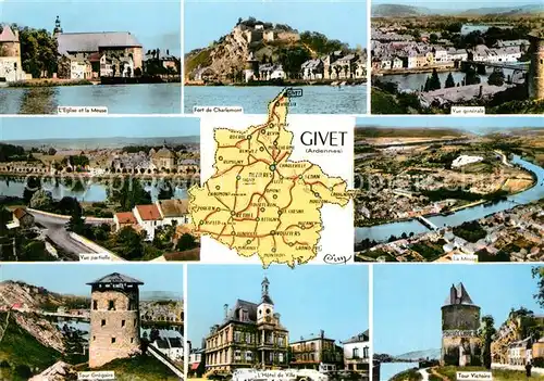 AK / Ansichtskarte Givet_Ardennes Eglise et la Meuse Fort de Charlemont Tour Gregoire Hotel de Ville Tour Victoire Carte de la region Givet Ardennes