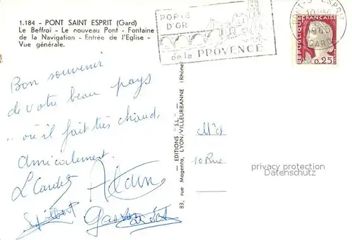 AK / Ansichtskarte Pont Saint Esprit Le Beffroi Pont Fontaine de la Navigation Entree de l eglise vue generale Pont Saint Esprit