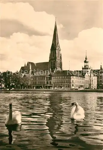 AK / Ansichtskarte Schwerin_Mecklenburg Pfaffenteich mit Dom Schwaene Schwerin_Mecklenburg