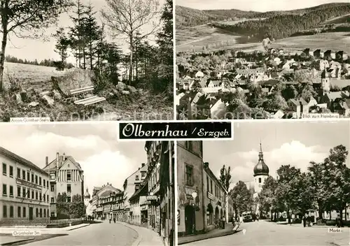 AK / Ansichtskarte Olbernhau_Erzgebirge Anton Guenther Stein Gedenkstein Gruenthaler Strasse Markt Panorama Blick zum Hainberg Olbernhau Erzgebirge