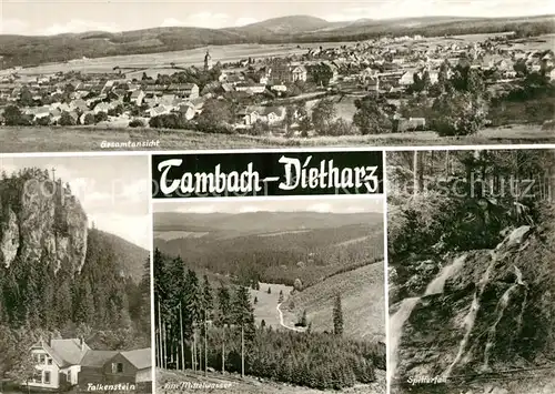 AK / Ansichtskarte Tambach Dietharz Gesamtansicht Falkenstein Felsen Landschaftspanorama Mittelwasser Wasserfall Spitterfall Tambach Dietharz