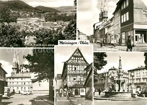 AK / Ansichtskarte Meiningen_Thueringen Blick zum Schloss Anton Ulrich Strasse Nonnenplan Buechnersche Haus Fachwerkhaus Brunnen Post Meiningen Thueringen