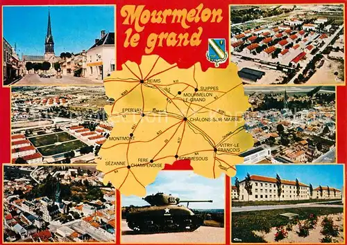 AK / Ansichtskarte Mourmelon le Grand La Ville Le camp La place et leglise Char 30 tonnes Vue generale Batiment du 503e Mourmelon le Grand