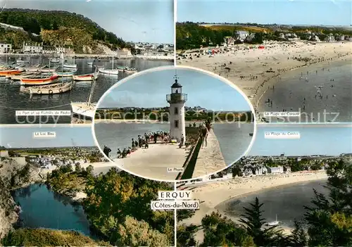 AK / Ansichtskarte Erquy Le Port et sa Flottille de Pechs Le Lac Bleu Le Phare La Plage de Couroual La Plage du Centre Erquy