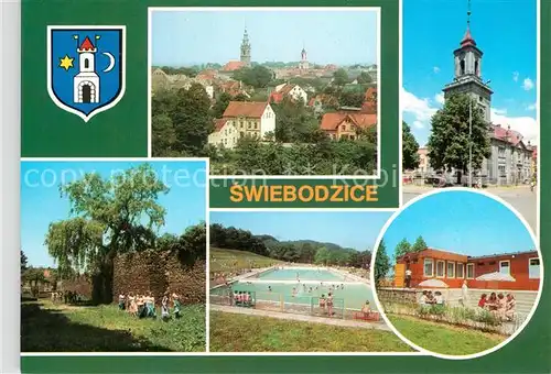 AK / Ansichtskarte Swiebodzice Panorama Stadtmauer Kirche Schwimmbad Swiebodzice