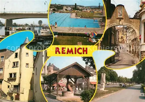 AK / Ansichtskarte Remich La Moselle et le pont Piscines Porte Saint Nicolas Vieille tour Ancienne presse a fruits Esplanade Remich