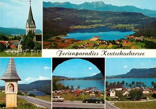 AK / Ansichtskarte Keutschach_See Kirche Seeansicht Bildstock Strandbad Hoehenwirt Camping Plescherken Keutschach See