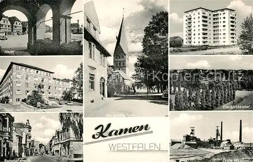 AK / Ansichtskarte Kamen_Westfalen Markt Krankenhaus Bahnhofstrasse Schiefer Turm Hochhaus Edelkirchenhof Zeche Monopol Kamen_Westfalen