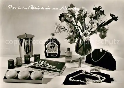 AK / Ansichtskarte Schnaps Schwarzer Kater Namenstag Blumen Perlenkette Pralinen Tasche  