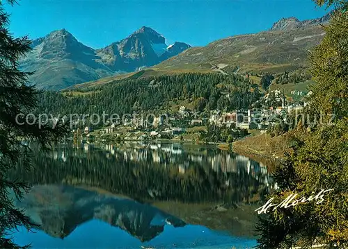 AK / Ansichtskarte St_Moritz_Dorf_GR Panorama Moritzersee Wasserspiegelung Piz Albana Piz Julier Albulaalpen St_Moritz_Dorf_GR