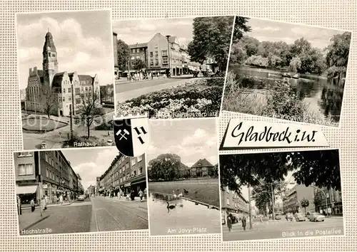 AK / Ansichtskarte Gladbeck Rathaus Rathausvorplatz Hochstrasse Jovyplatz Postallee Wittringen Gondelteich Gladbeck
