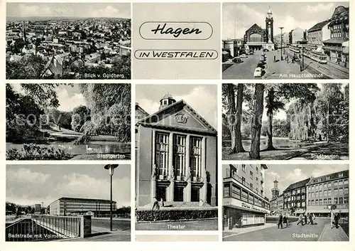 AK / Ansichtskarte Hagen_Westfalen Panorama Blick vom Goldberg Bahnhof Stadtgarten Badstrasse Volmebruecke Theater Stadtmitte Hagen_Westfalen