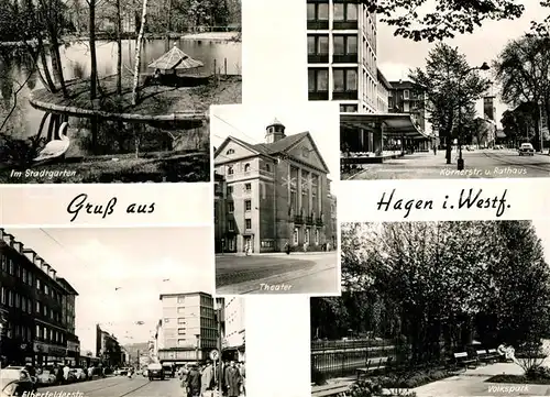 AK / Ansichtskarte Hagen_Westfalen Stadtgarten Schwanenteich Koernerstrasse Rathaus Theater Elberfeldstrasse Volkspark Hagen_Westfalen