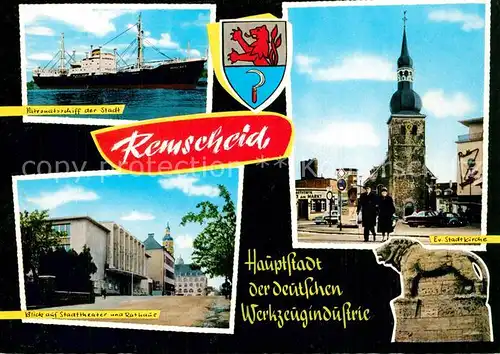 AK / Ansichtskarte Remscheid Patronatsschiff Stadttheater Rathaus Stadtkirche Loewenstatue Wappen Remscheid