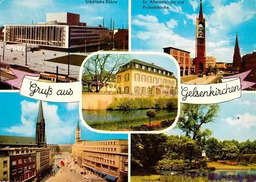 AK / Ansichtskarte Gelsenkirchen Staedtische Buehne Altstadtkirche Probsteikirche Stadtpark Stadtmitte Schloss Gelsenkirchen
