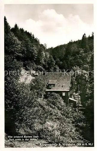 AK / Ansichtskarte Welzheim Klingenmuehle Entstehung Kerners Lied: Dort unten in der Muehle Welzheim