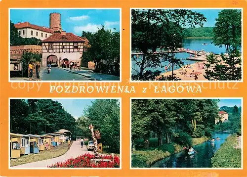 AK / Ansichtskarte Lagow_Ostbrandenburg Innenstadt Torboten Ferienzentrum Bungalows am Lagowskie See Freibad Kanal Lagow_Ostbrandenburg