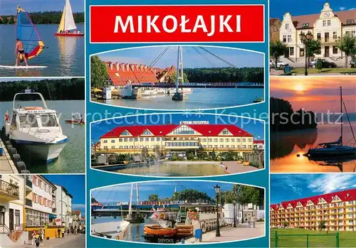AK / Ansichtskarte Mikolajki_Ostpreussen Teilansichten Hotel Wasserspiele Hafen Fahrgastschiff Segeln Bruecke Spirdingsee Mikolajki_Ostpreussen