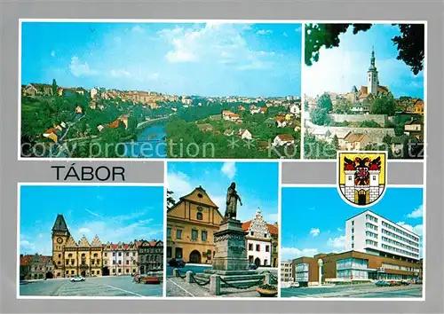 AK / Ansichtskarte Tabor_Suedboehmen Stadtpanorama Kirche Marktplatz Altstadt Denkmal Statue Tabor Suedboehmen