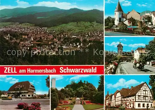 AK / Ansichtskarte Zell_Harmersbach Panorama mit Hirschtuermle Storchenturm Hauptstrasse Kurpark und Sonne Zell Harmersbach