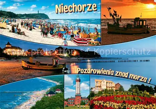 AK / Ansichtskarte Niechorze_Horst Strandpartien Leuchtturm Blumenschmuck Niechorze_Horst