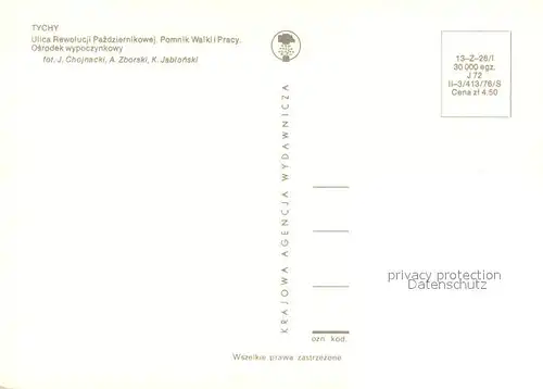 AK / Ansichtskarte Tychy Ulica Rewolucji Pazdziernikowej Pomnik Walki i Pracy Osrodek wypoczynkowy Tychy