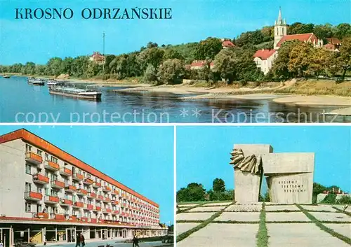 AK / Ansichtskarte Krosno_Odrzanskie Binnenschifffahrt Frachtkaehne Oder Kirche Wohnblock Denkmal Krosno Odrzanskie