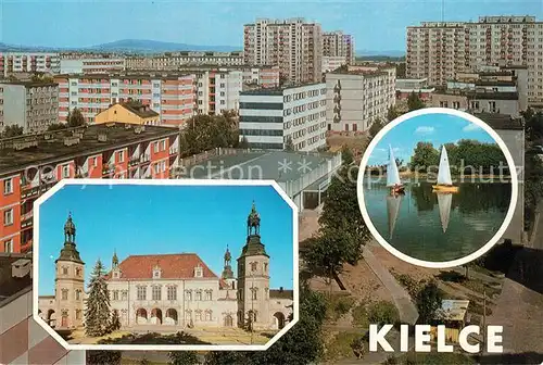 AK / Ansichtskarte Kielce Stadtpanorama Wohnblocks Hochhaeuser Museum Stausee Segelboot Kielce