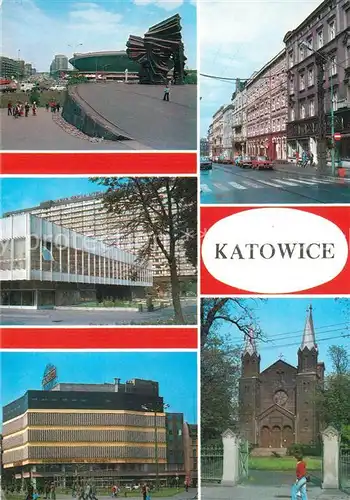 AK / Ansichtskarte Katowice Denkmal Sporthalle Strassenpartie Innenstadt Palast Kaufhaus Kirche Katowice