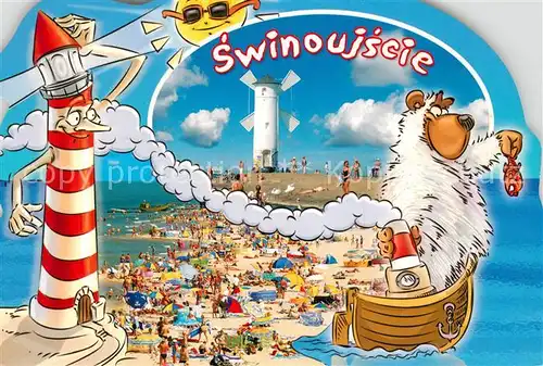 AK / Ansichtskarte Swinoujscie_Swinemuende Windmuehle Strand Leuchtturm Karikaturen Swinoujscie Swinemuende