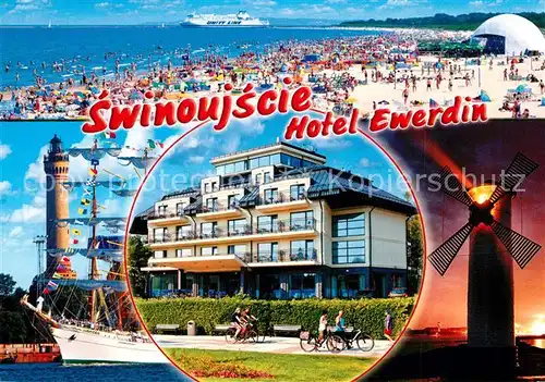 AK / Ansichtskarte Swinoujscie_Swinemuende Strandleben Hotel Ewerdin Segelyacht Leuchtturm Windmuehle Swinoujscie Swinemuende