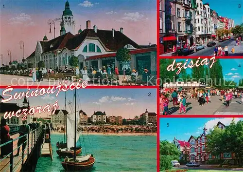 AK / Ansichtskarte Swinoujscie_Swinemuende Seepromenade Strassenpartie Strand Seebruecke Swinoujscie Swinemuende