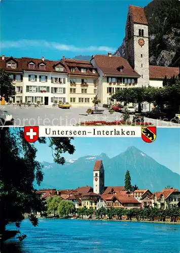 AK / Ansichtskarte Unterseen Marktplatz Kirche Blick ueber die Aare Unterseen