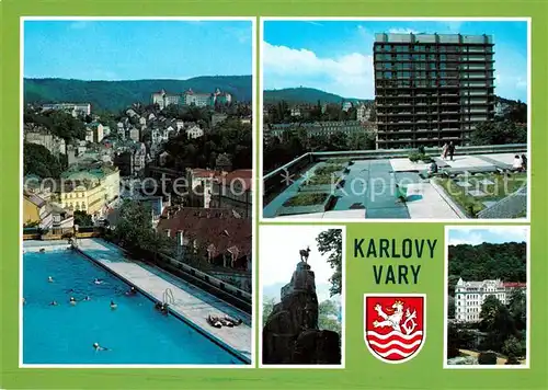 AK / Ansichtskarte Karlovy_Vary Termalni bazen Lazenske sanatorium Thermal Kamzik Dvorakovy sady Thermalbad Sanatorium Hirschstatue Karlovy Vary