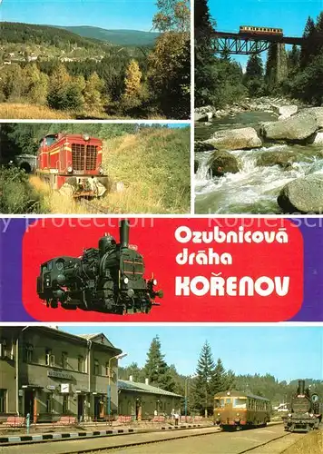 AK / Ansichtskarte Korenov Diesellokomotive Bahnhof Eisenbahnbruecke Landschaftspanorama Korenov