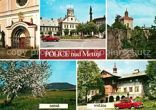 AK / Ansichtskarte Police_nad_Metuji Kirche Portal Platz Rathaus Kapelle Felsen Baumbluete Landschaftspanorama Restaurant Police_nad_Metuji